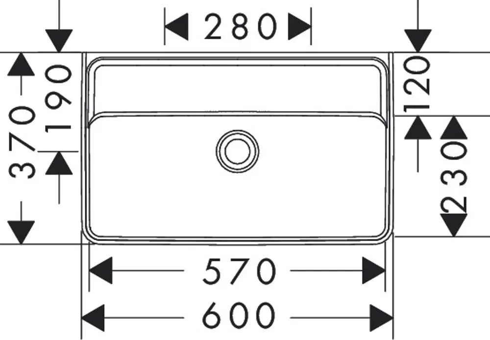Waschtisch von Hansgrohe ohne Hahnloch und Überlauf, abgebildet mit Maßangaben für die Installation und Abmessungen. Weiße Oberfläche, rechteckige Form.